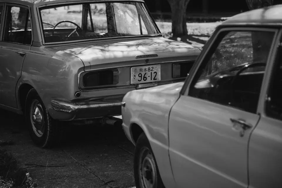 Two older sedans are parked close together outdoors, one seen from the rear with a license plate.