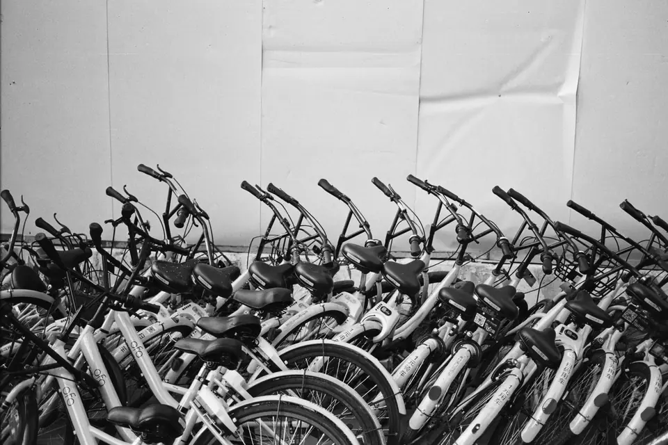 Rows of identical bicycles with baskets are packed closely together against a plain wall.