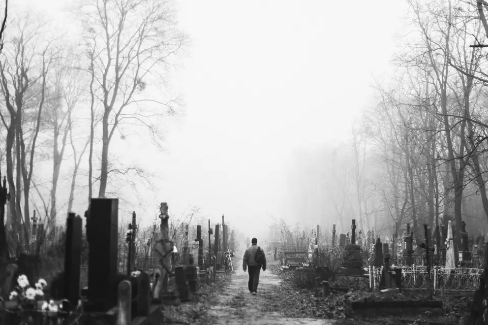 A person walks away down a foggy path between old gravestones and bare trees.