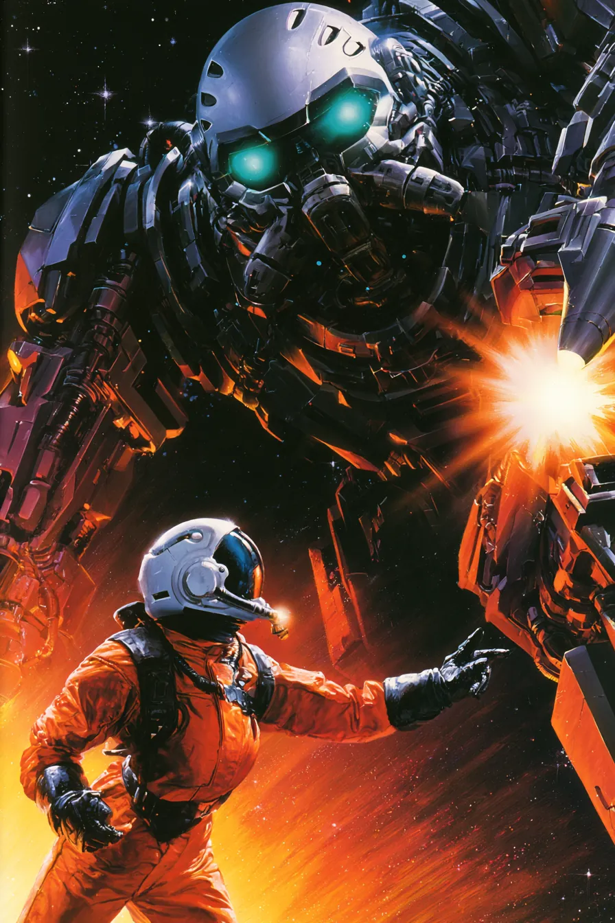 Space pilot facing a giant robot
