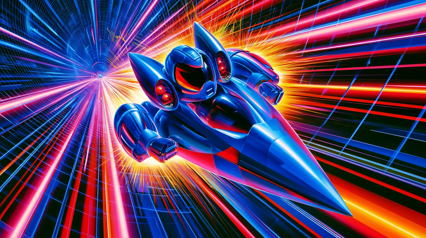 Blue robot racer blasting through a neon tunnel